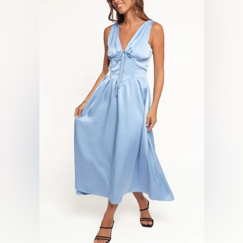 Petal & Pup Verena Satin Midi Dress Blue Plunge Neck Size S Nwt